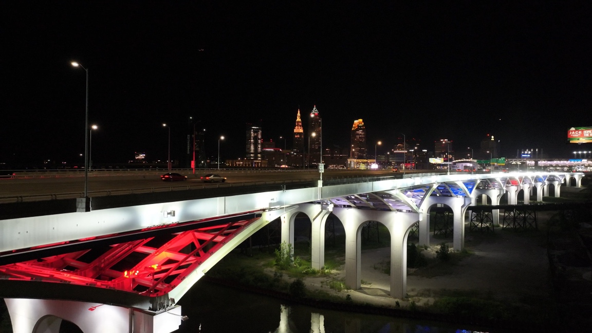 A bridge lit up for the evening in Cleveland, Ohio.