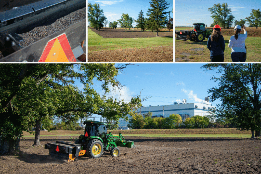 Collage showing seed spreader equipment, a prepared field, observers on-site, and a tractor planting a pollinator garden near a power plant.