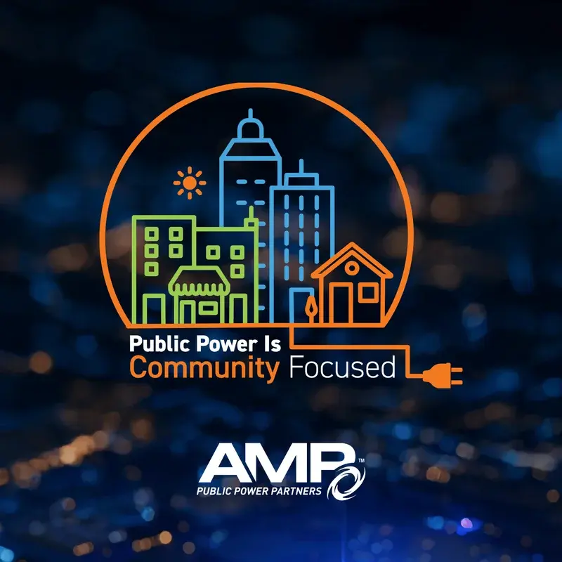 Graphic featuring a stylized cityscape and neighborhood outlined in blue, green, and orange line art inside an orange circle. An electrical cord and plug extend from the illustration, symbolizing public power's connection to the community. Text reads, 